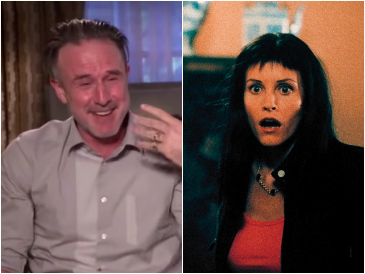 David Arquette howls with laughter as Courteney Cox discusses